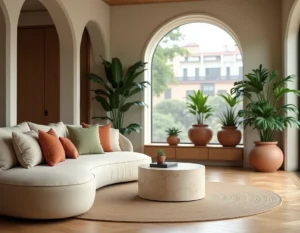 Salon contemporain au design biophilique avec canapé en lin crème, table en travertin et plantes d'intérieur luxuriantes dans des pots en terre cuite