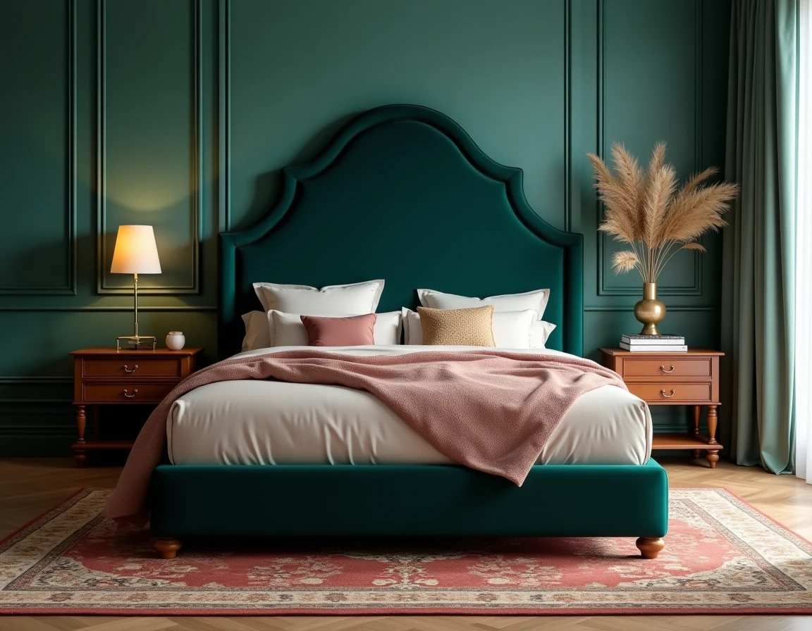 Chambre principale au design maximaliste avec tête de lit en velours sarcelle, murs en chaux verte et tapis persan vintage sur parquet chêne
