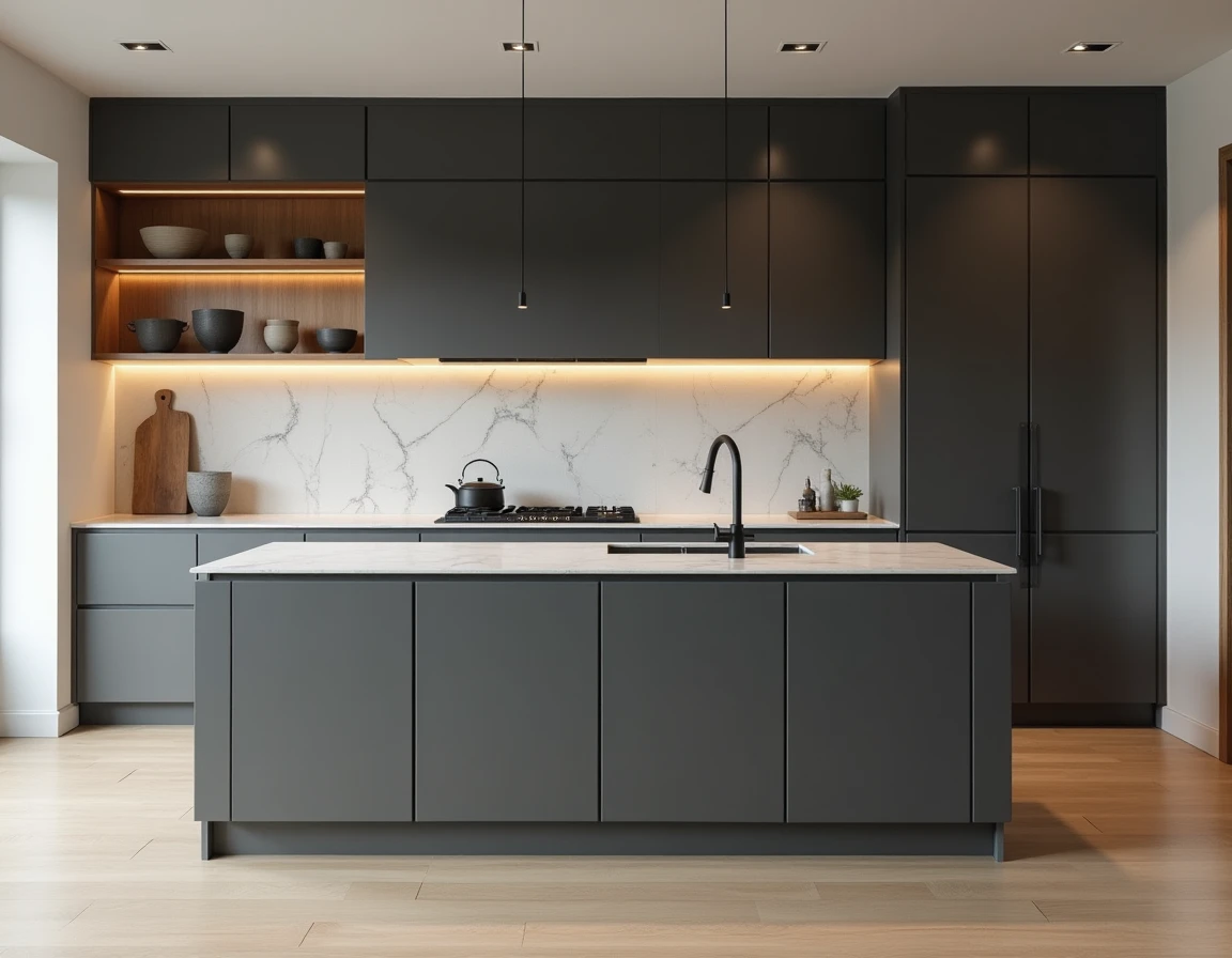 Cuisine style Japandi minimaliste avec armoires en charcoal mat, plan de travail en marbre et étagères en bois avec céramiques artisanales