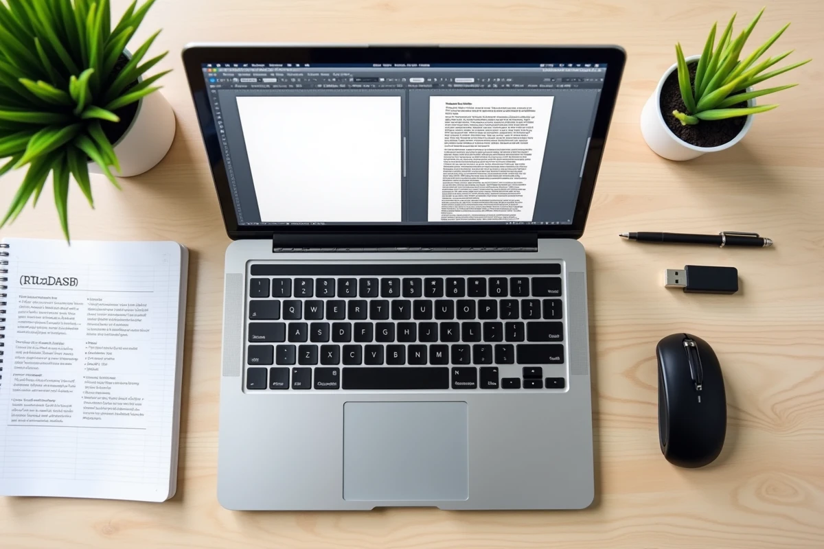 Vue aérienne d'un bureau avec un ordinateur portable affichant côte à côte un fichier WordPad et un document Word converti